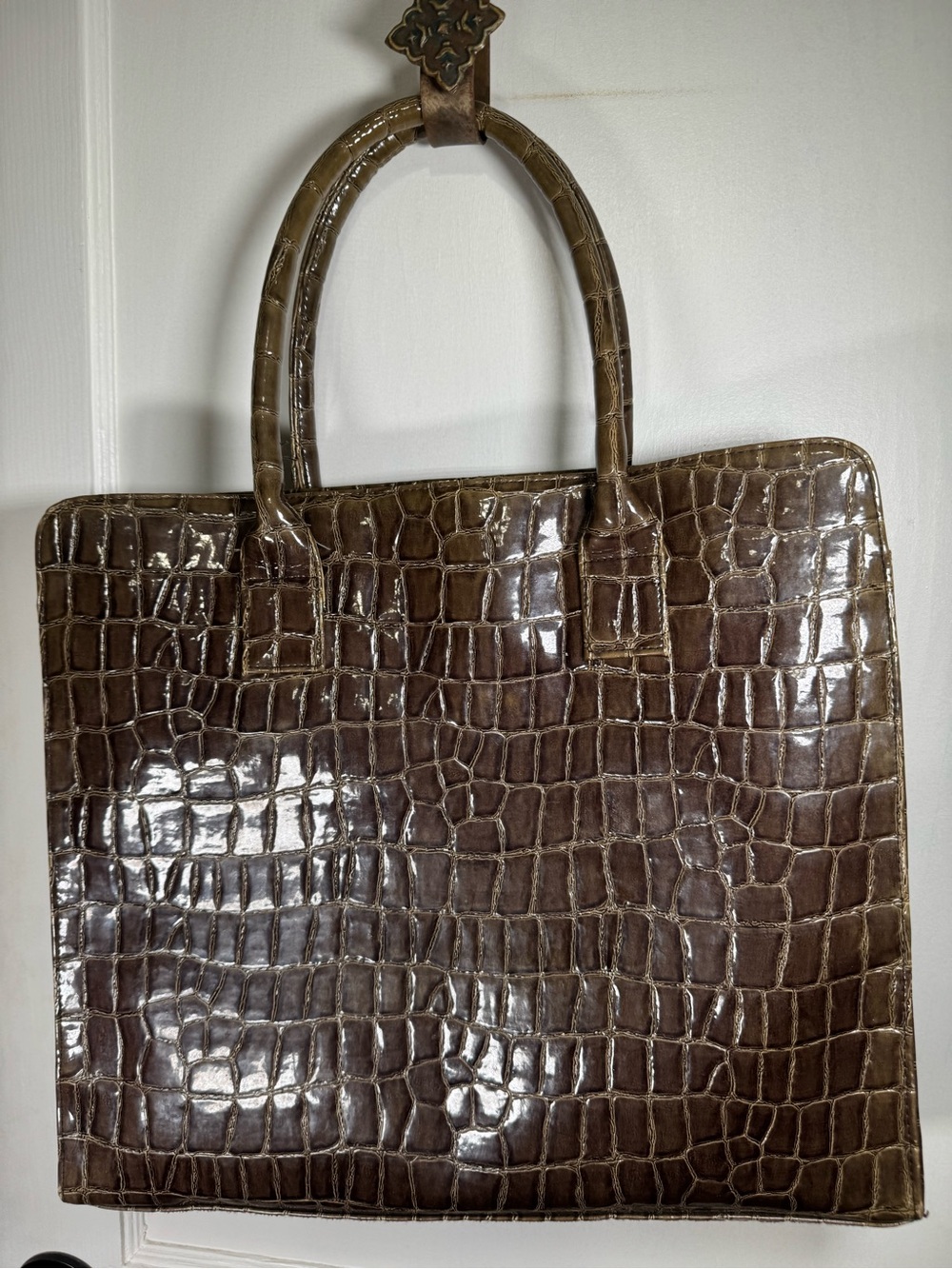Murval Croc-Embossed Brown Patent Top-Handle Tote Laptop Bag - Picture 6 of 13
